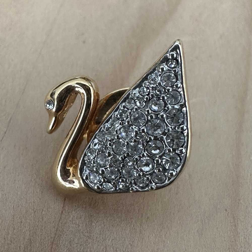 Vintage Swan Bird Pin or Tie Tack Tac 0.875 Inch Clear Crystal Cluster Gold